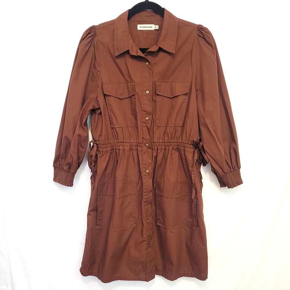 The Normal Brand Brown Shirt Dress Utility Tie Waist Long Sleeve Casual Medium